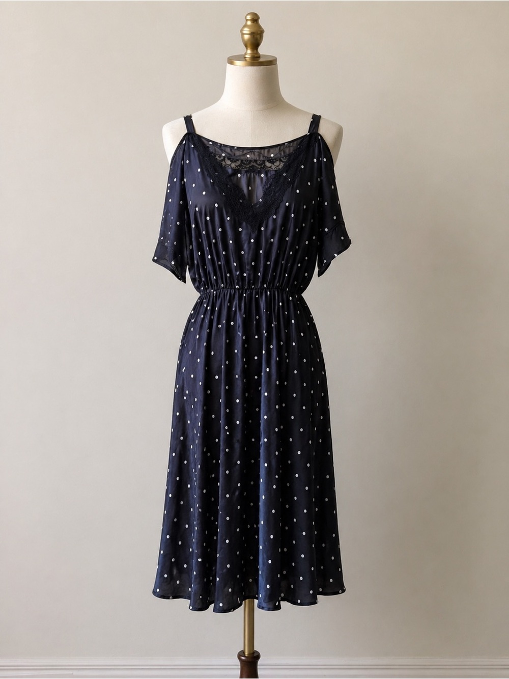 Navy Polka Dot Lace-Trim silk dress